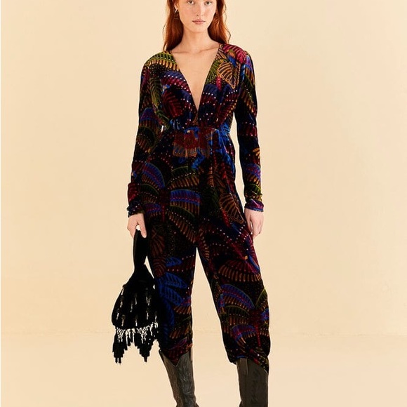 FARM Rio Pants - NWT FARM RIO Black Midnight Island V Neck Velvet Jumpsuit